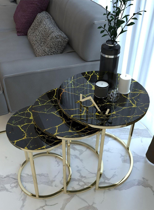 Gold Metal Zigon Sehpa Kırılmaz Temperli Cam Mermer Desen