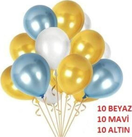30 Adet Metalik Sedefli Kaliteli Balon - 10 Mavi 10 Beyaz 10 Gold
