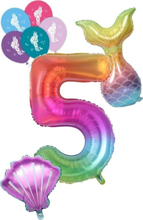 Rakam Gökkuşağı Deniz Kızı Folyo Balon Doğumgünü Seti 5 Yaş