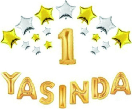 Yıldızlı Yasında Gold Folyo Balon Set N Harfi Gümüş Renk