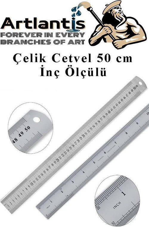 Çelik Cetvel 50 cm İnç Ölçülü 1 Adet Paslanmaz Çelik Metal Çetvel 50 Santimetre