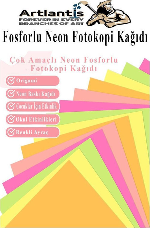 Neon Fosforlu Renkli A4 Fotokopi Kağıdı 50 li 1 Paket 50 Adet Fosforlu 5 Renk Parlak Canlı Renkler Fotokopi Kağıdı 4
