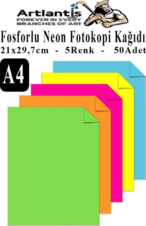 Neon Fosforlu Renkli A4 Fotokopi Kağıdı 50 li 1 Paket 50 Adet Fosforlu 5 Renk Parlak Canlı Renkler Fotokopi Kağıdı