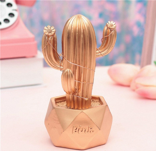 Led Işıklı Sevimli Kaktüs Dekoratif Masa Lambası Mini Biblo Gece Lambası-Gold (4741)