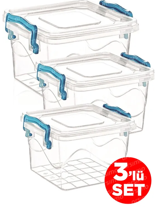 3'Lü Kare Kelepçeli Şeffaf Saklama Kabı Seti | Kapaklı Saklama Kabı Set 2.4 Lt-1.2 Lt-550 Ml