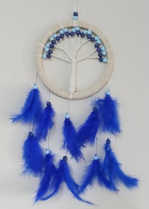 Saks Mavisi Kuş Tüylü Hayat Ağacı Düş Kapanı Dream Catcher Duvar Süsü