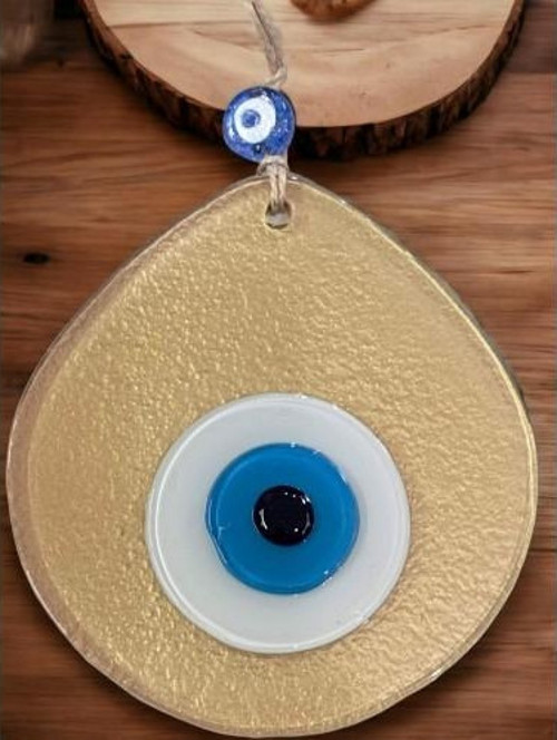 Mavi Nazar Boncuklu Gold Renk Nazar Boncuklu Damla Desen El Yapımı Duvar Süsü