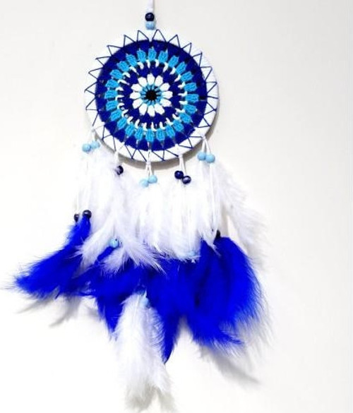 Nazar Boncuğu Desenli Bol Kuş Tüylü Beyaz Renk Dream Catcher El Yapımı Duvar Dekoru