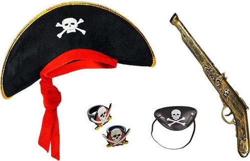 Korsan Şapkası + Tabanca + Maske + 2 Adet Yüzük Kostüm Seti Çocuk