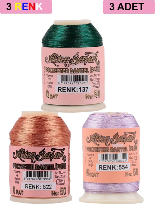 3 Adet Altınbaşak Oya Ve Dantel İpi 20 Gr - Royaleks - No: 822 - 554 - 137