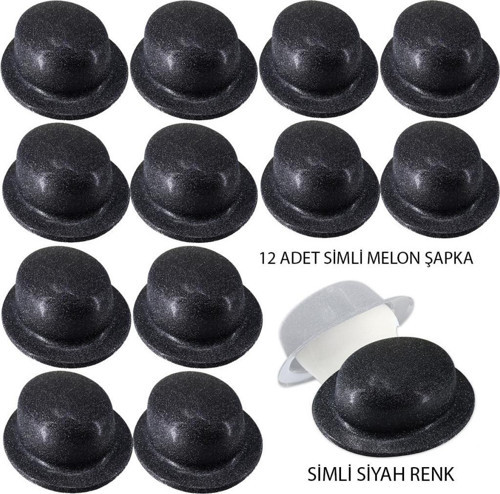 Siyah Renk Simli Melon Yuvarlak Parti Şapkası 12 Adet