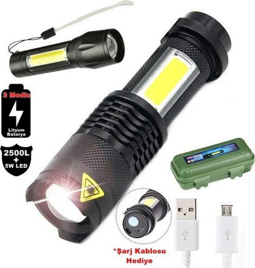 2500 Lumens + 5W Cob Led Usb Lion Şarjlı Ultra Güçlü Q5 Xpe Su Geçirmez Şarjlı El Feneri (4741)