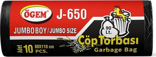 J-650 Jumbo Boy Çöp Torbası 80 X 110 Cm 10 Lu Rulo X 1 Paket = 10 Adet (Siyah)