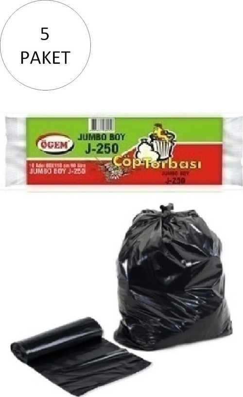 J-250 Jumbo Boy Çöp Torbası 80 X 110 Cm 10 Lu Rulo X 5 Paket = 50 Adet (Siyah)