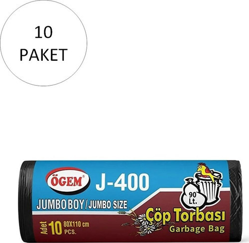 J-400 Jumbo Boy Çöp Torbası 80 X 110 Cm 10 Lu Rulo X 10 Paket = 100 Adet (Siyah)