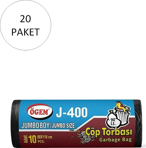 J-400 Jumbo Boy Çöp Torbası 80 X 110 Cm 10 Lu Rulo X 20 Paket = 200 Adet (Siyah)