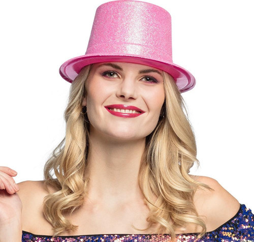 Floresan Pembe Renk Simli Uzun Fötr Melon Şapka 12 Cm