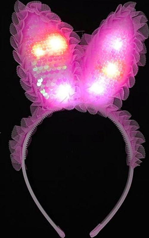 Kenarları Dantelli Fuşya Pullu Payetli Led Işıklı Tavşan Kulak Taç 23X19 Cm