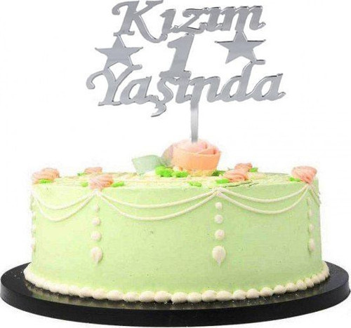 Kızım 1 Yaşında İlk Yaş Doğum Günü Partisi Pleksi Pasta Süsü Gümüş Renk (4741)