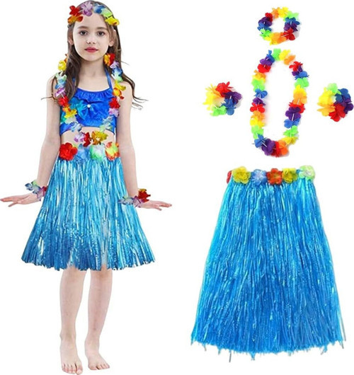Yetişkin Ve Çocuk Uyumlu Hawaii Luau Aloha Mavi Püsküllü Etek Kolye Taç Ve 2 Adet Bileklik Seti (4741)