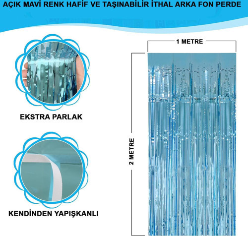 Açık Mavi Renk Ekstra Metalize Parlak Saçaklı Arka Fon Perde İthal A Kalite 1X2 Metre (4741)