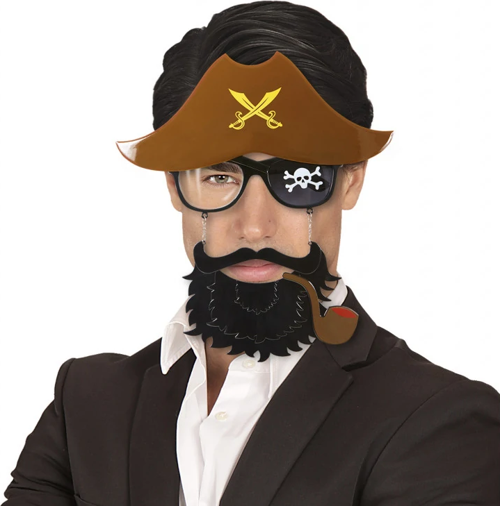 Kahve Renk Şapkalı Siyah Sakallı Pipolu Jack Sparrow Denizci Korsan Gözlüğü 24X25 Cm (4741)