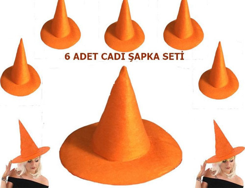 Turuncu Renk Keçe Cadı Şapkası Yetişkin Çocuk Uyumlu 6 Adet (4741)
