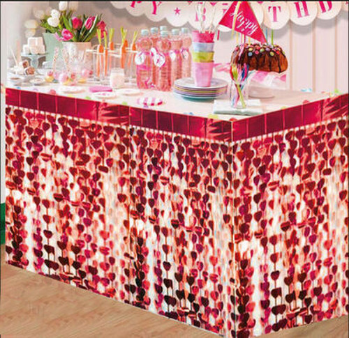 Püsküllü Işıltılı Metalize Kırmızı Kalpli Masa Eteği 75X360 Cm (4741)