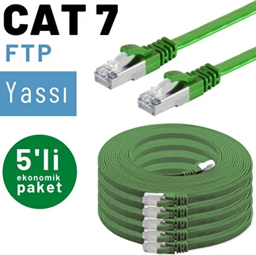 5 adet 3 metre IRENIS CAT7 Kablo Yassı FTP Ethernet Network LAN Kablosu, Yeşil