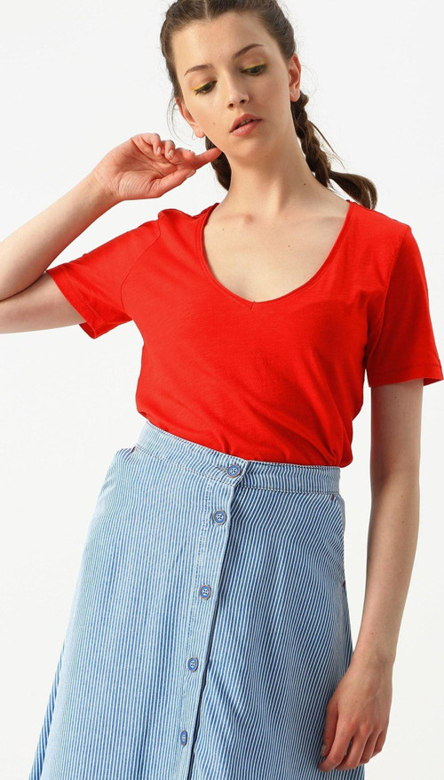 Kadın Kırmızı Kısa Kollu V-Yaka T-Shirt 15180561 Onlfworld