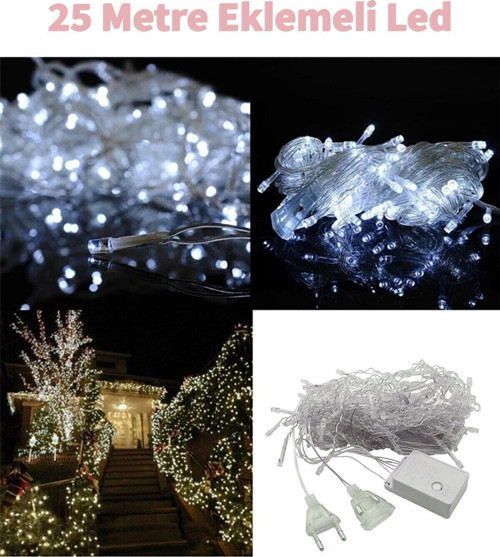 Fonksiyonlu Beyaz Eklemeli 25 Metre Dekor Led - Çam Ağacı Süsü Yılbaşı Süsü - Pirinç Led