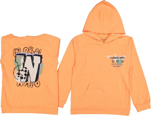 Kız Çocuk Flower Yazı Desenli Sırtı Baskılı Kanguru Cepli Kapüşonlu Fosfor Turuncu Sweatshirt