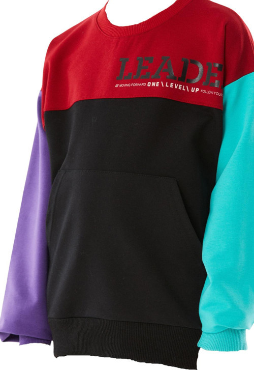 Erkek Çocuk /Kız Çocuk Leader Yazı Desenli Renk Bloklu Kanguru Cepli Siyah Renk Sweatshirt