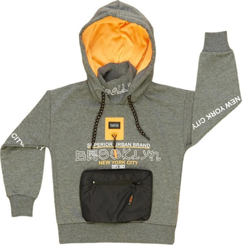 Erkek Çocuk Brooklyn Yazı Desenli Cepli Kapüşonlu Antrasit Renk Sweatshirt