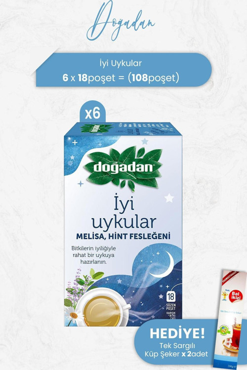İyi Uykular Çayı Melisa ve Hint Fesleğeni x 6 Adet ve Tek Sargılı Küp Şeker x 2 Adet