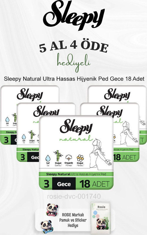 Natural Ultra Hassas Hijyenik Ped Gece 18 Adet 5 Al 4 Öde ve Rosie Pamuk