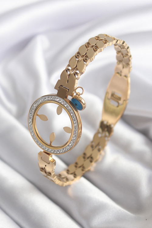 316L Çelik Gold Renk Arpa Model Zirkon Taş Detay Çeyrek Altın Takılabilir Kadın Kelepçe - TJ-BB5765