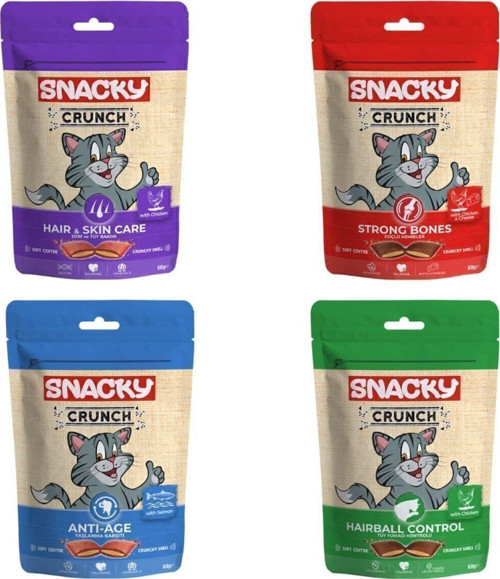 Crunch Yaşlanma Karşıtı Eklem Sağlığı Deri Tüy Sağlığı Tüy Yumağı Kontrolü Kedi Ödül Mama 4 X 60 Gr
