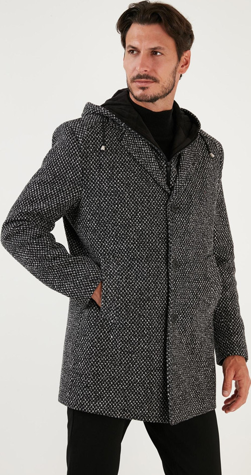 Çıkarılabilir Kapüşonlu Kırçıllı Slim Fit Kaşe Erkek Kaban 5841013 Siyah Noktalı