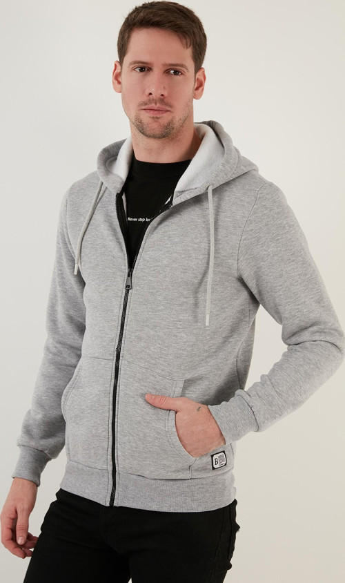 Slim Fit Kapüşonlu Fermuarlı İçi Tüylü Yumuşak Şardonlu Kışlık Erkek Sweat 5905340 GRİ MELANJ