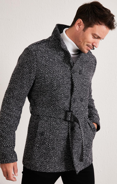 Slim Fit Cepli Pamuklu Kaşe Erkek Kaban 5841015 Siyah Noktalı