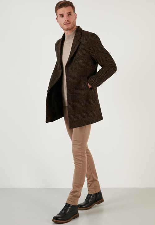 Slim Fit Tek Yırtmaçlı Düğmeli Mono Yaka Kaşe Erkek Kaban 5840098 Camel Ekoseli