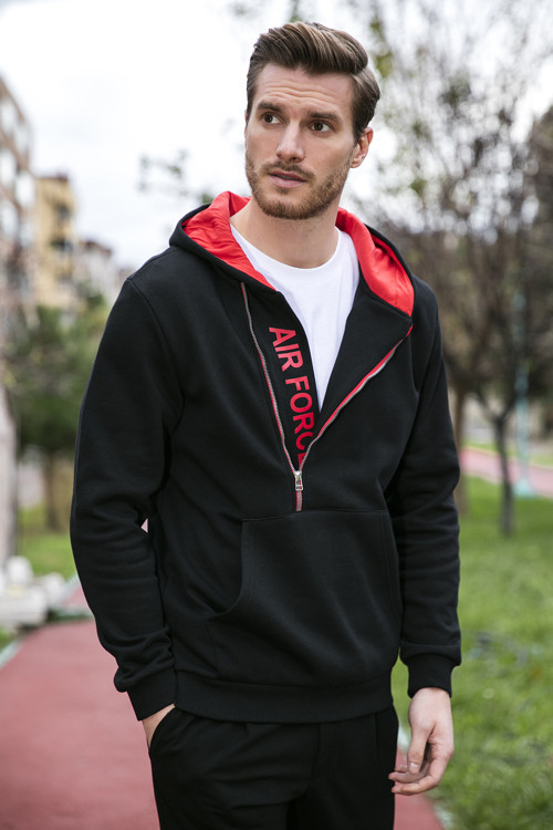 Kanguru Cepli Fermuarlı Kapüşon Yaka Slim Fit Erkek Sweat 575707 SİYAH-KIRMIZI