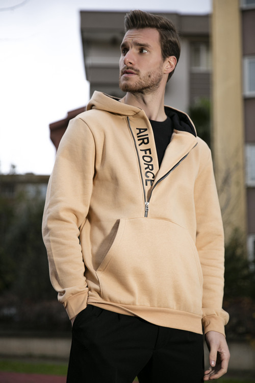 Kanguru Cepli Fermuarlı Kapüşon Yaka Slim Fit Erkek Sweat 575707 KUM