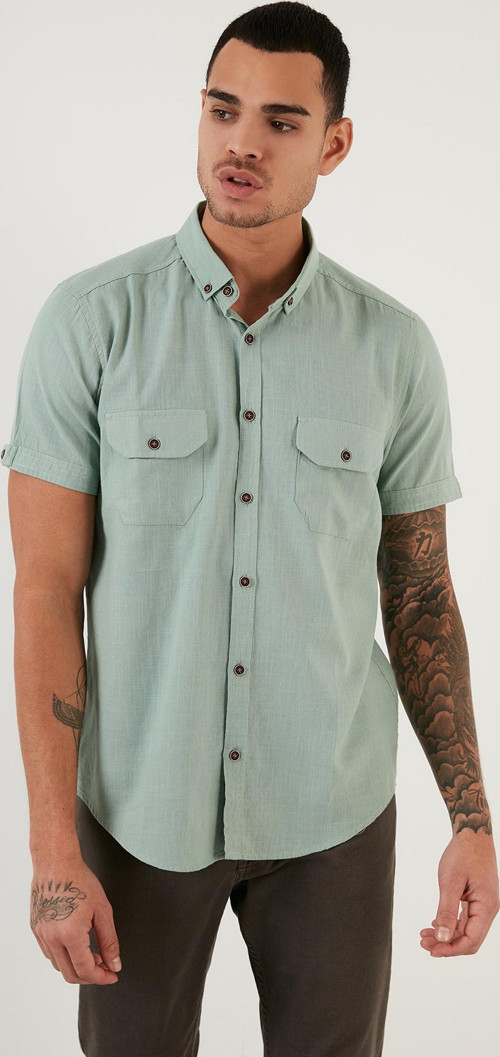 Düğmeli Yaka % 100 Pamuk Slim Fit Cepli Erkek Gömlek CF21S111153 ELMA YEŞİLİ