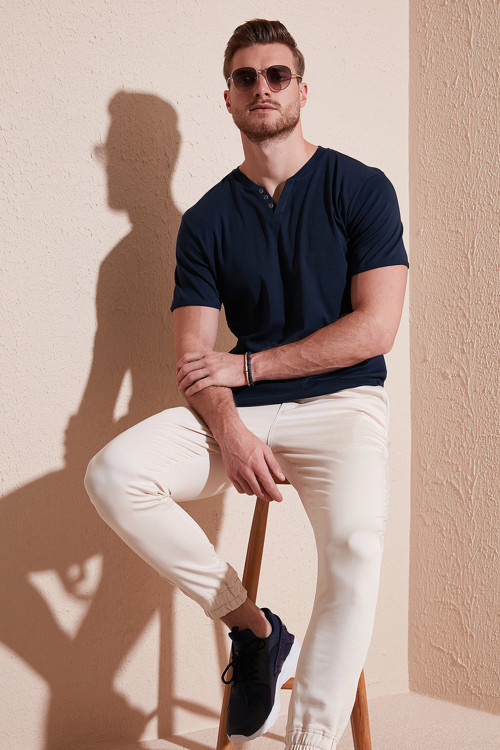 % 100 Pamuklu V Yaka Slim Fit Erkek T Shirt 5902122 İNDİGO