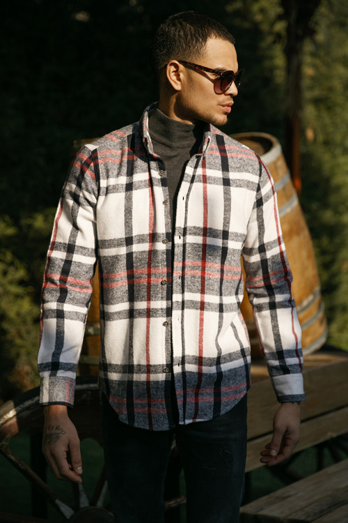 Pamuklu Ekoseli Slim Fit Kışlık Erkek Gömlek CF23W114662 EKRU-LACİVERT