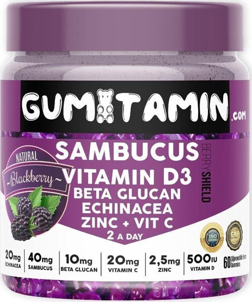 Sambucus Multivitamin Karamürver, Vitamin C+D3, Çinko, Beta Glukan Doğal Böğürtlen Aromalı
