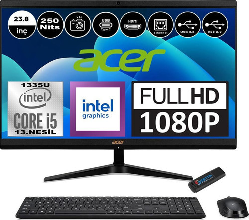 Aspire C24-1800 Intel Core I5 1335U 40GB 1tb SSD Freedos 23.8" Fullhd LED 250NITS All In One Bilgisayar DQBKMEM006F018 + Zetta Flash Bellek