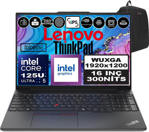 Thinkpad E16 Gen2 Intel Core Ultra 5 125U Ddr5 40GB 512GB SSD Intel® Aı Boost 16" Wuxga IPS Windows 11 Pro Taşınabilir Bilgisayar 21MA003MTXP13 + Zetta Çanta